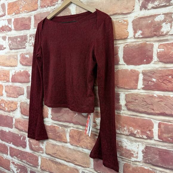 Cider Top Womens Large Burgundy Floral Abstract Burnout Sheer Stretchy Shirt - Picture 3 of 9